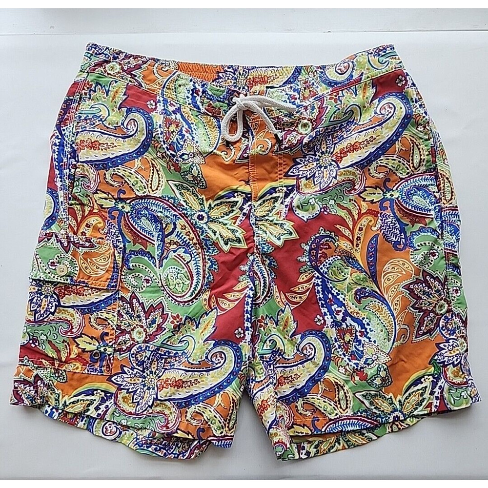 Polo Ralph Lauren Mens M Swim Trunks Shorts Mesh Lined Paisley‎ Cargo Pocket